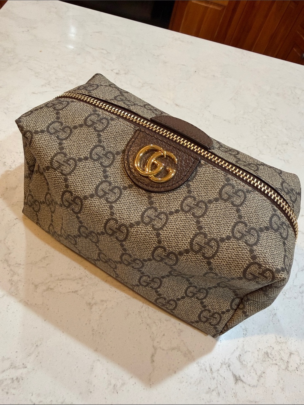 Authentic Gucci Beige GG Cosmetic Pouch with Brown Trim and Gold Hardware